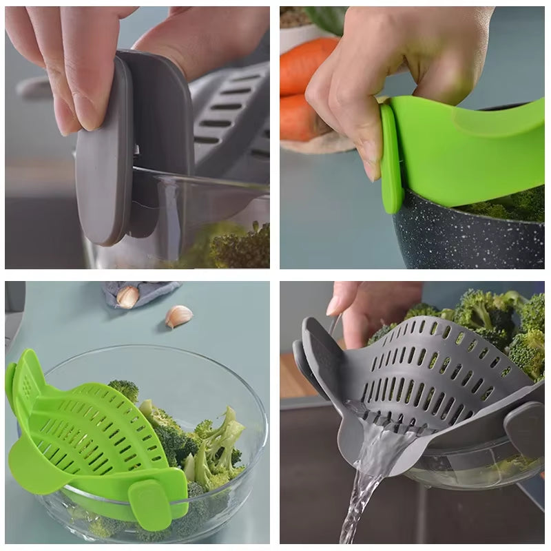 Silicone Kitchen Strainer Clip Pan Drain Rack Bowl Funnel Rice Pasta Vegetable Washing Colander Draining Excess Liquid Univers