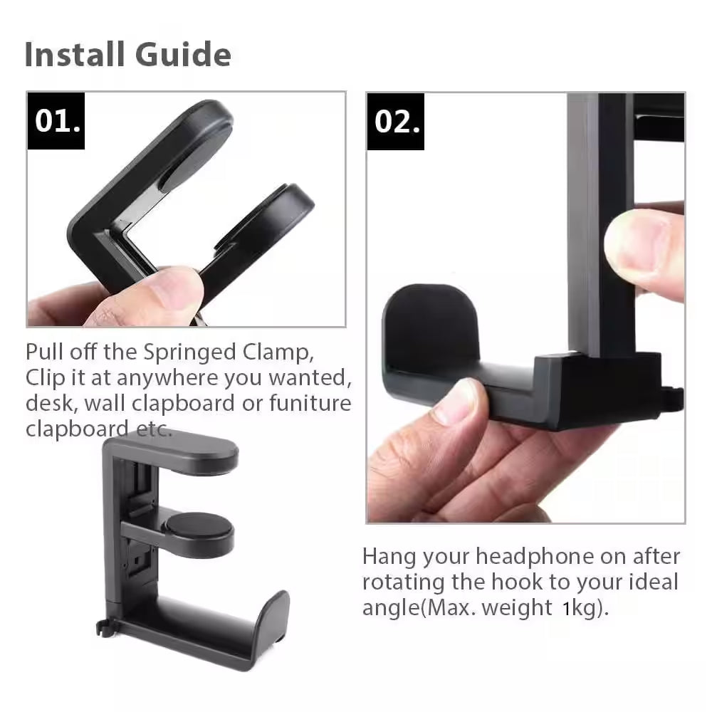 Rotating Headphone Stand Adjustable Clamp-On Holder with 360° Swivel Cable Organizer Black