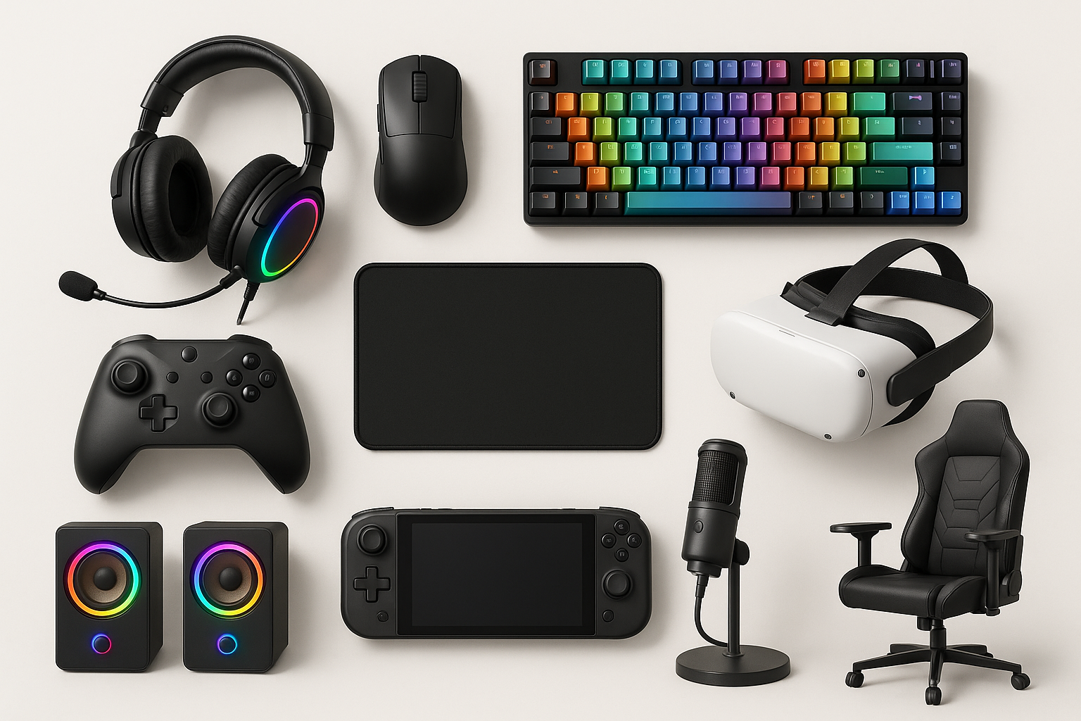 All kinds of gaming gadgets white background 