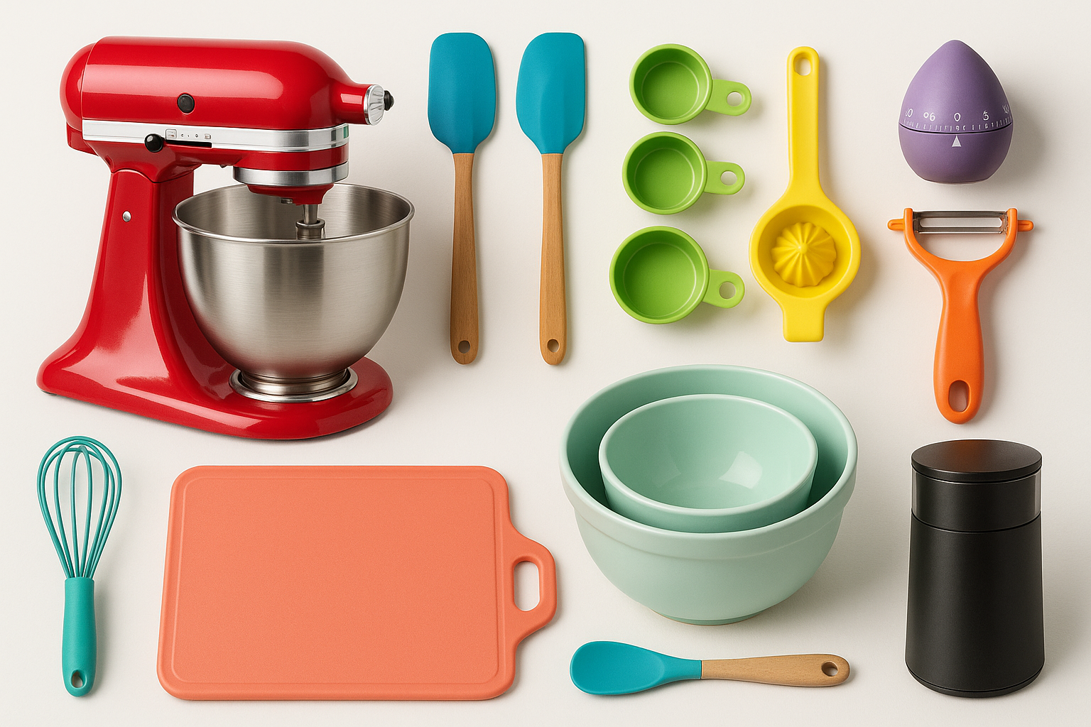 All kinds of useful kitchen gadgets colorful but realistic white backround